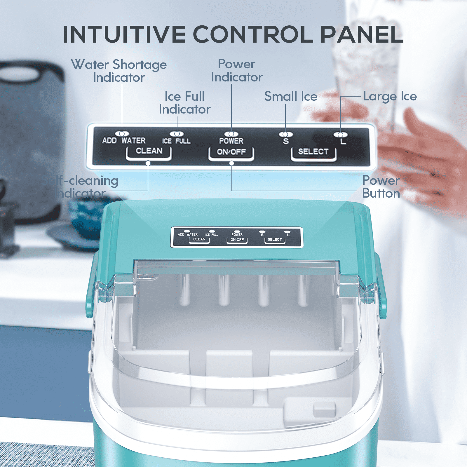 Auseo Countertop Ice Maker Machine 26 lbs/24H, 2 Sizes of Bullet Ice, 9 Bullet-Shaped Ice in 6 Min, Auto-Cleaning, Green