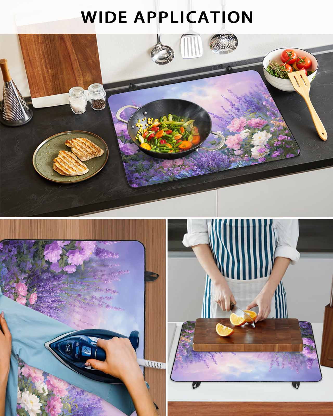 Large Induction Cooktop Protector Mat Purple Lavender Stove Top Covers for Electric Stove, Spring Watercolor Country Wildflowers Decorative Stove Burner Cover Mats, Glass Top Stove Cover
