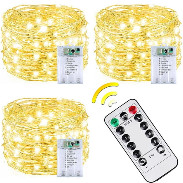 Cadena de luces BOSSERN, paquete de 3, 60 LED, funciona con pilas, color blanco cálido