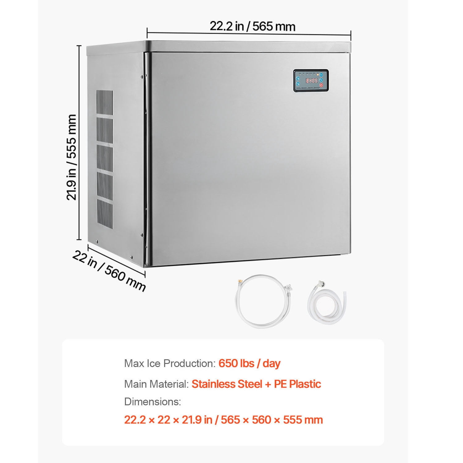KFFKFF Commercial Ice Maker Machine - Produces 650 Lbs/Day, Stainless Steel Design with Programmable Ice-Making, Self-Cleaning Function, Adjustable Ice Thickness, Perfect for Restaurants, Bars, Cafes