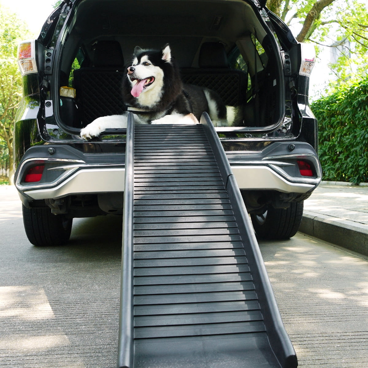 Portable Dog Ramp for Cars,High SUV Trucks Portable Stairs Ladder with Side Rails High Traction COZIWOW Upgrade Folding Pet Ramp Black Steel Frame for Extra Stability 63 L x 14.75 W 