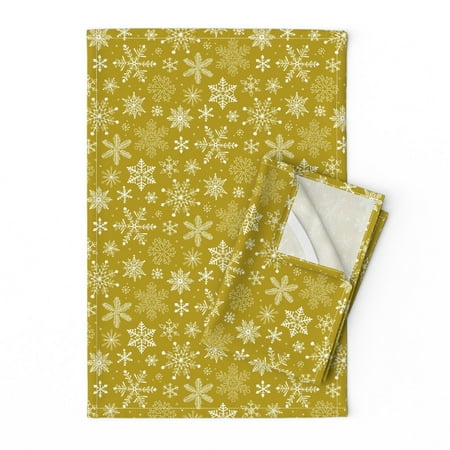 

Printed Tea Towel Linen Cotton Canvas - Christmas Snowflakes Winter Snow Gold White Holiday Yellow Holidays Snowflake Xmas Print Decorative Kitchen Towel by Spoonflower
