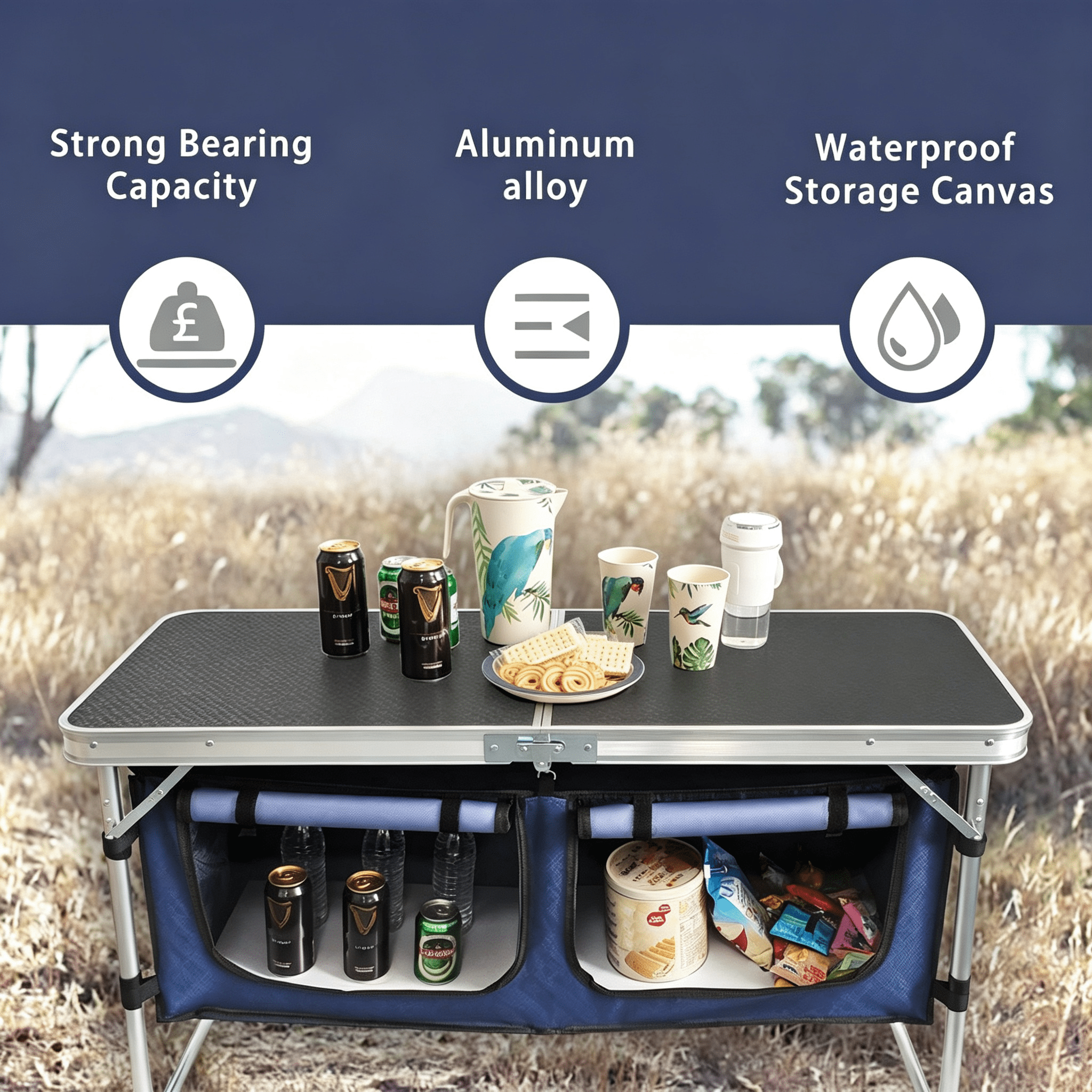 3 Height Adjustable Folding Camping Table with 2 Detachable Storage Bags, Aluminum Frame Density Board Portable Outdoor Picnic Table, 66LBS Capacity for Car Camping BBQ Indoor Party