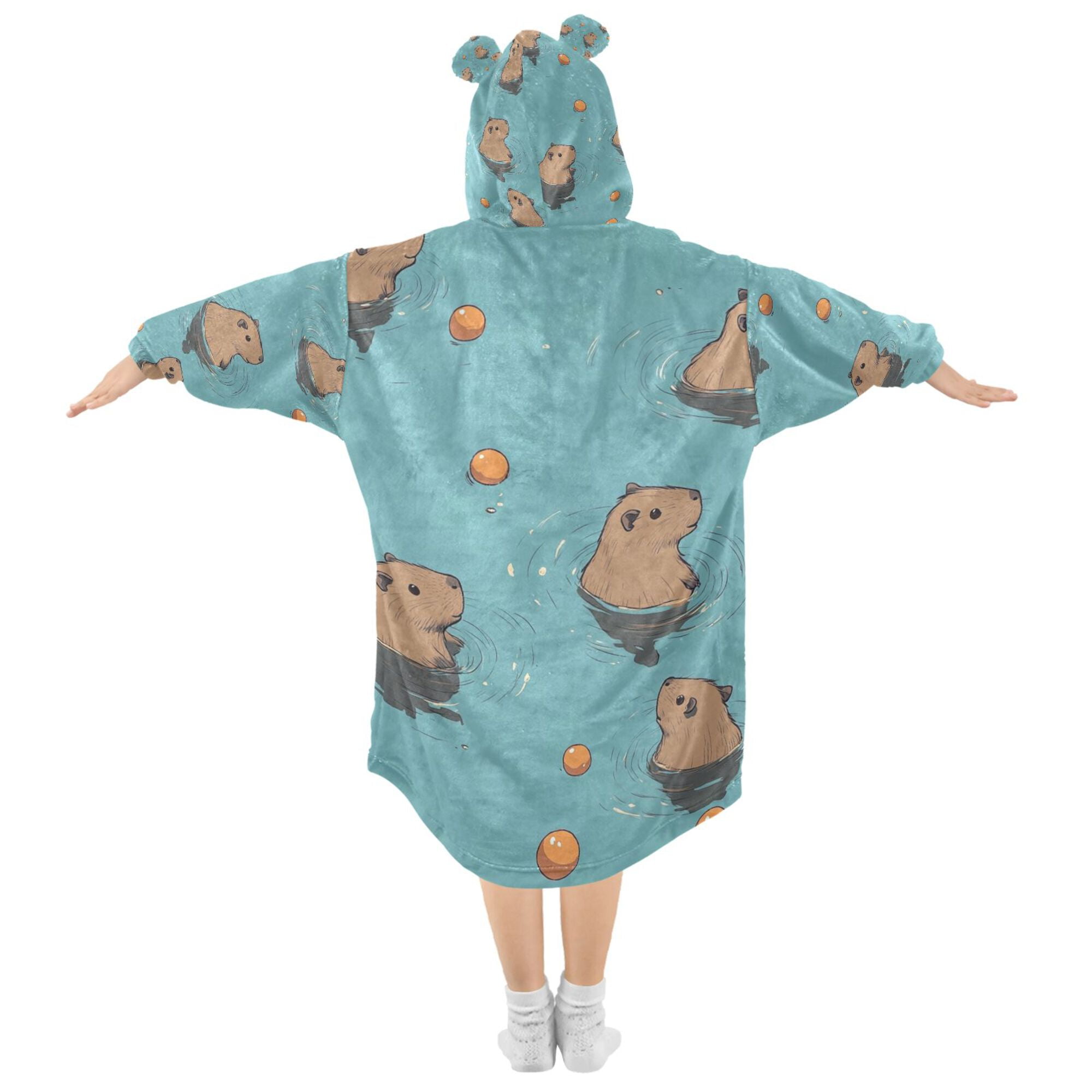 FORMRS Wearable Blanket Hoodie with Sleeves for Kids Cozy Flannel Sweatshirt, Cartoon Capybaras