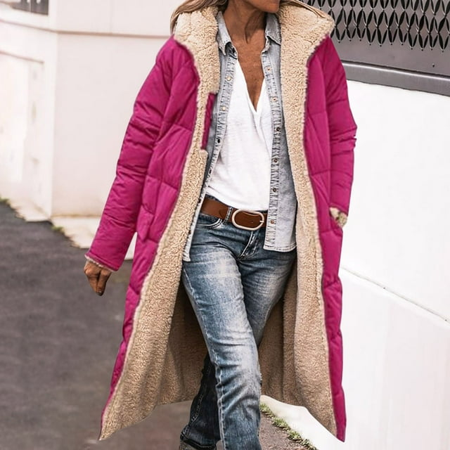 DPTALR Women's Winter Casual Loose Color Pocket Zippered Tops Reversible Long Cotton Coat