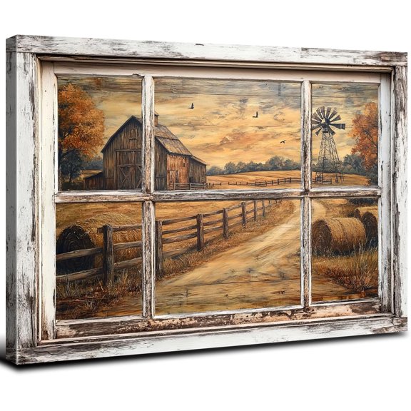 Aaheei Sunset Old Barn Canvas Wall Art, Vintage Farmhouse Windmill Poster, Country Landscape Painting for Living Room, Office, Bedroom 8 x 10 in