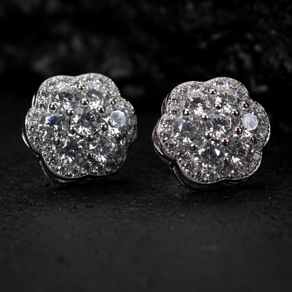 Large White Gold 925 Sterling Silver Flower Cluster Hip Hop Stud Screw Back Earrings