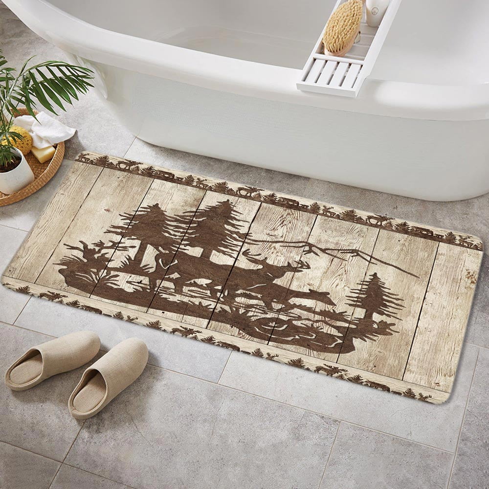 Cabin Bathroom Rugs, Forest Animal Lodge Cabin Vintage Wooden Country Farm Wildlife Bathroom Mat Deer Shower Mat Kitchen Rug, Rustic Farmhouse Bath Mat Rustic Cabin Forest Toilet Rug, 17"X48" Inches