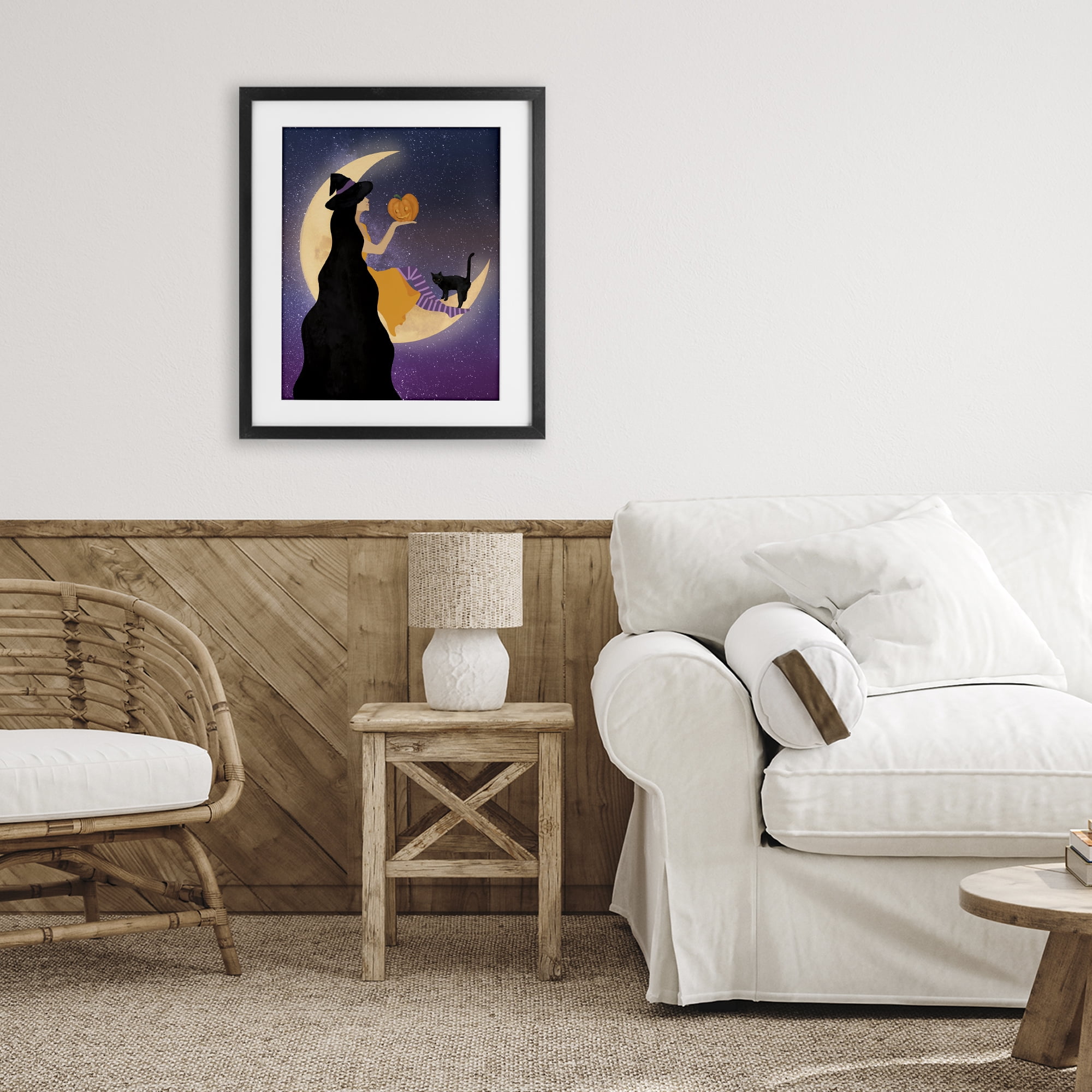 Stupell Industries Moonlit Witch Holding Jack-o-Lantern Black Framed Print Under Glass, design by Daniela Santiago