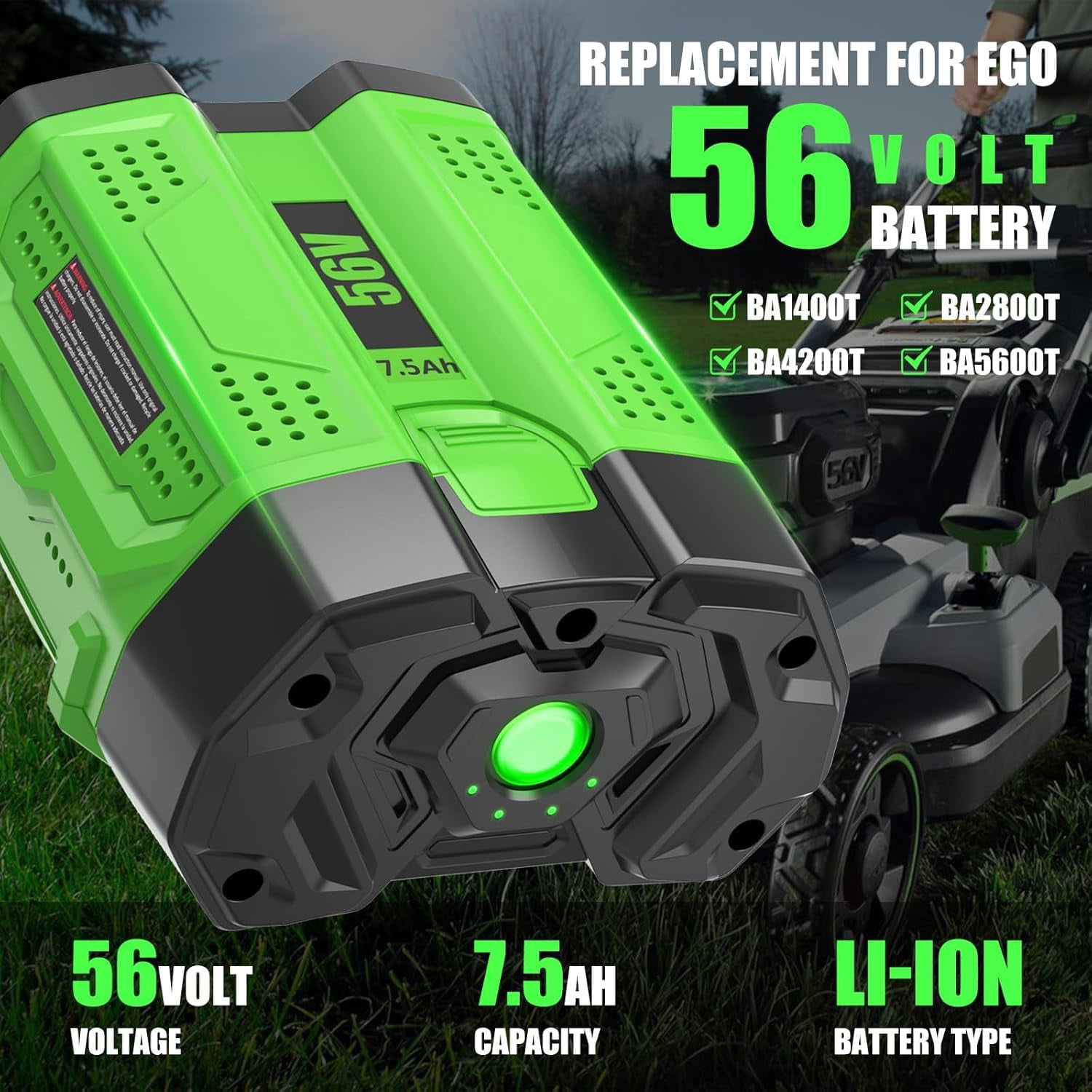 2Pack 7500mAh 56 Volt Lithium ion Battery Replacement for EGO 56V Battery BA1400T BA1400 BA2800T BA2800 BA4200T