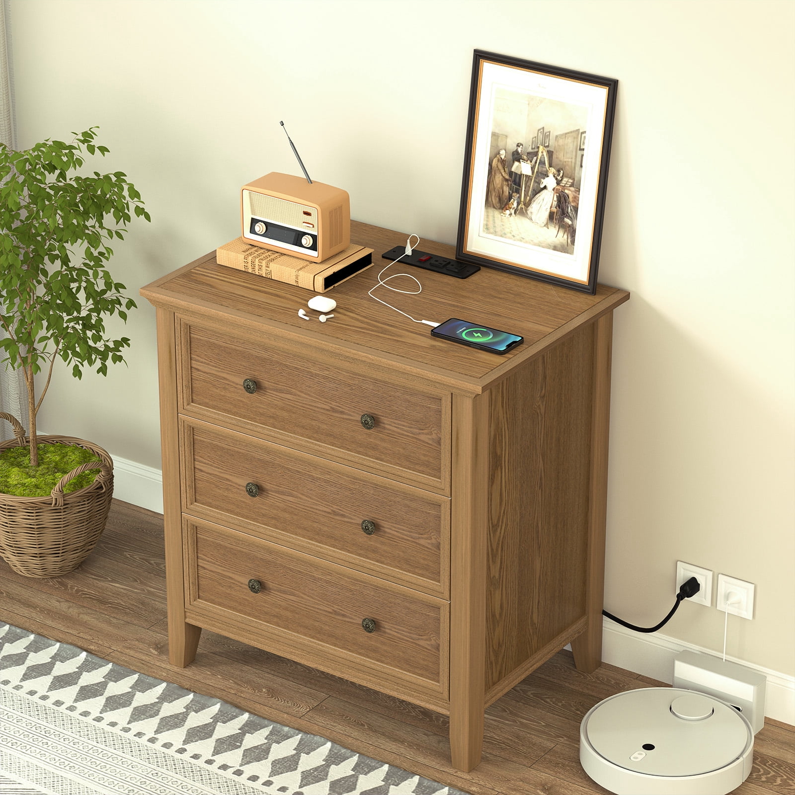 Gacfiew Solid Wood Nightstand with 3 Drawers and Power Outlet, Tall Bedside Cabinet 16.8" D x 27.6" W x 26.8" H, Single Unit for Bedroom, Teak