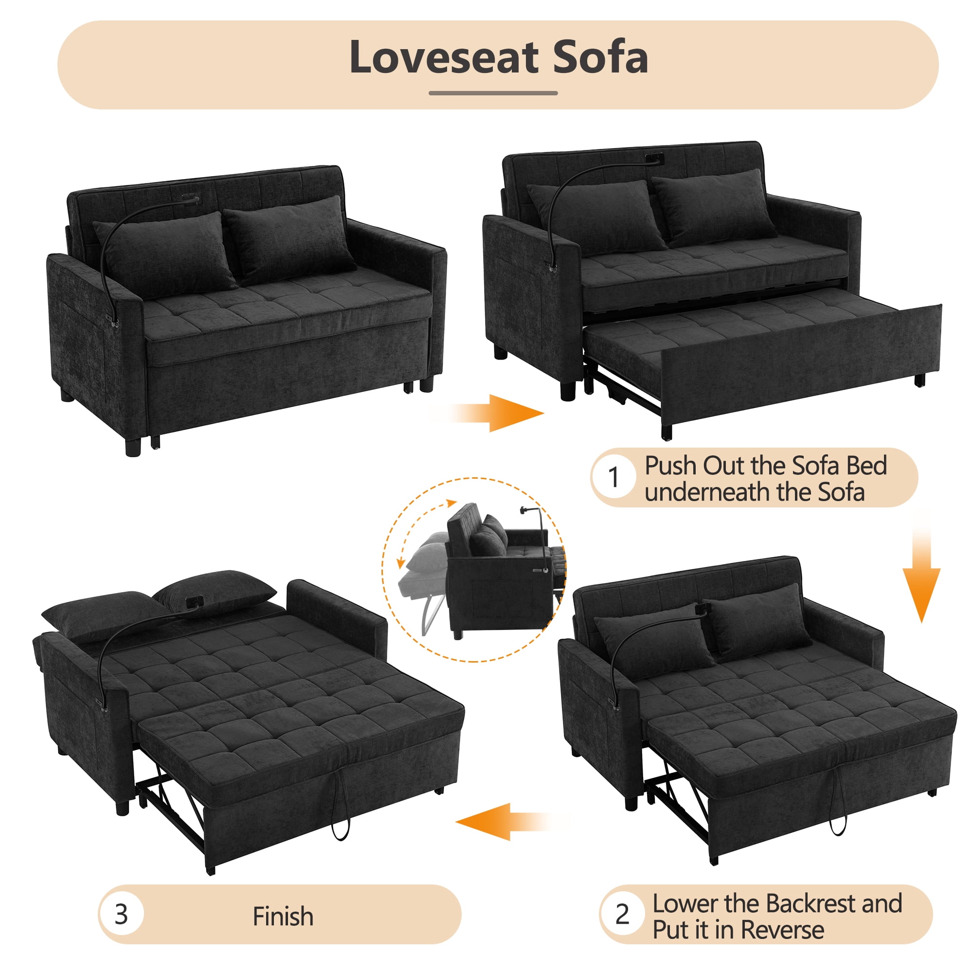 Euroco 56.9" Loveseat Sofa Pull-out Sofa Bed Sleeper Sofa with a Reversible Backrest Cushion, Side Pockets, Two USB Ports and a Phone Holder for Living Room, Black