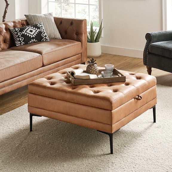 Tina's Home Square Storage Coffee Table with Flip-Top Lid, Camel Upholstered Ottoman with Side Pockets & Metal Legs for Living Room Bedroom