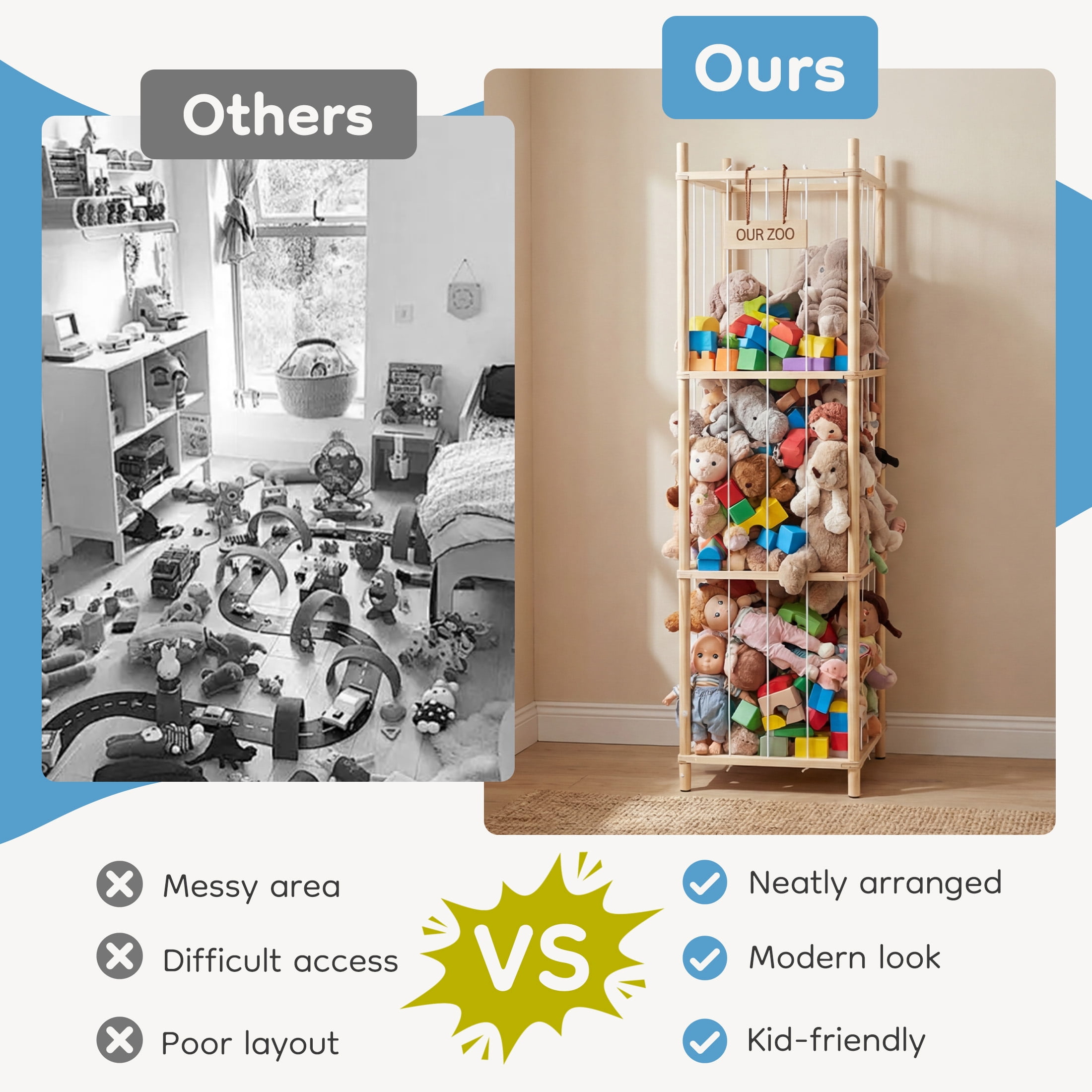 EDX Large Stuffed Animal Storage Organizer for Kids, Wooden Toy Storage Holder, Space Saving Toy Zoo for Playroom, Bedroom, Nursery & Kids Room, Natural