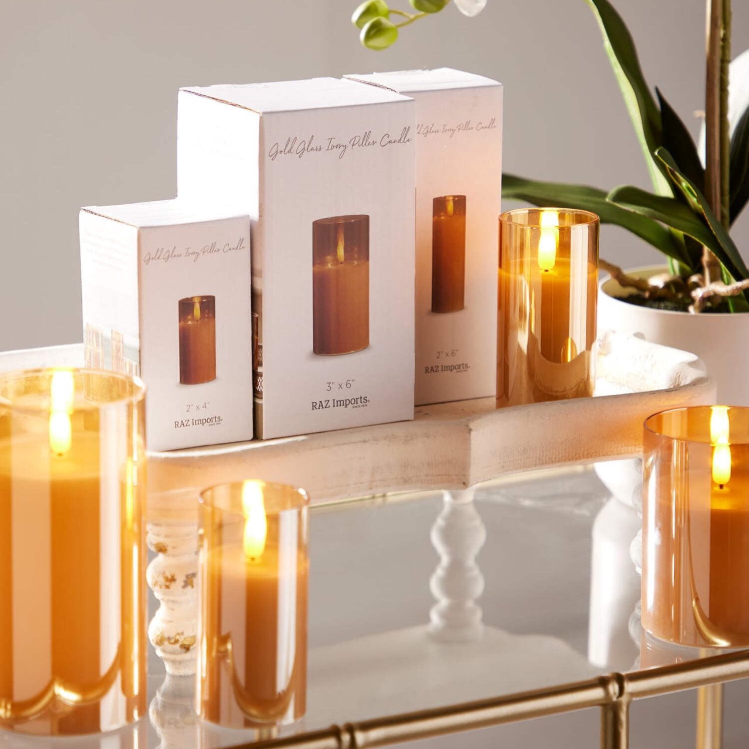 RAZ Imports Gold Ivory Glass LED Pillar Flameless Candle, 6 Hour Timer, Battery Operated - 3.5"W X 5"H