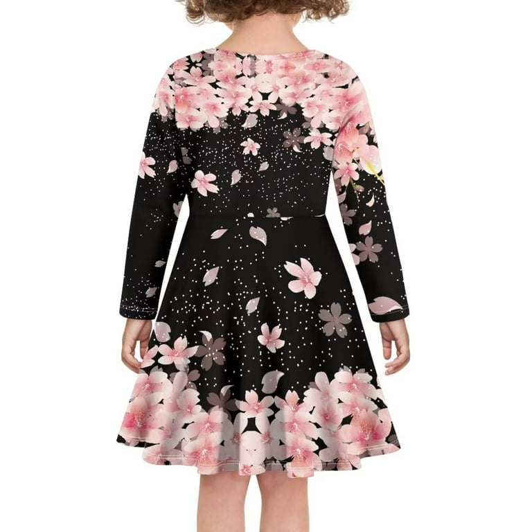 cherry blossom skater dress Fkelyi Cherry Blossom Long Sleeve Dress Size 5-6 T Stretchy Crew Neck Dress for Girls Midi Length Comfortable Swing Twirl Skater Dress, Girl's, Size: