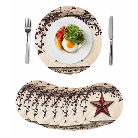 Red Texas Star Rustic Round 15 Inch Placemats Set of 8, Country Star Berries Wooden HeatResistant Non Slip Place Mats for Dining Table, Wipeable Braided Kitchen Table Mats for Housewarming