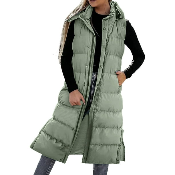 Women's Winter Long Down Vest Full-Zip Sleeveless Puffer Vest Coats Jacket  Outerwear with Pockets and Removable Hood