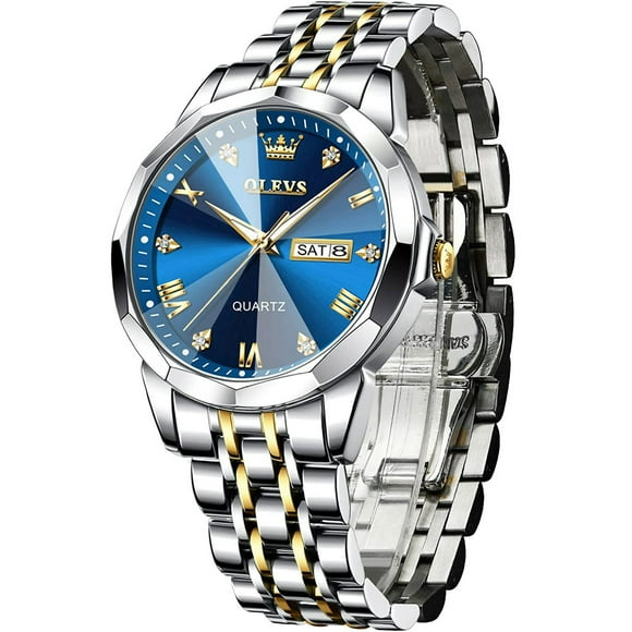 Olevs Watch for Men Diamond Quartz Movement 41mm Luminous Stainless Steel Silver Gold Bracelet Date Blue Dial With Gift Box