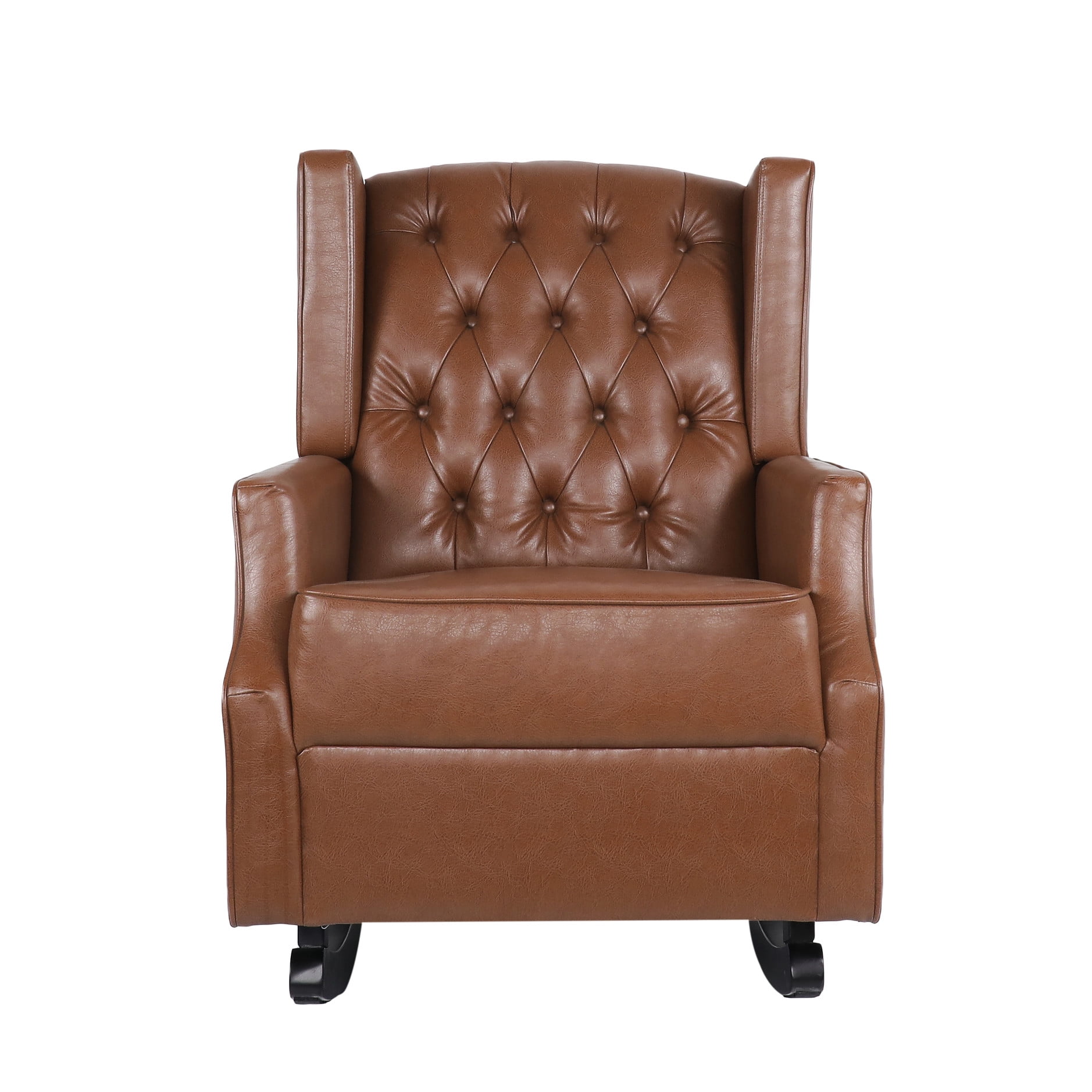 Elegant Rocking Chair In Brown With Button Stitch And Comfortable Wingback, 36.53" W X 37.28" H 25.81" D Fashionable Wingback Umbrella Holder, Pu Upholstery, 25.81"w 36.53"d 37.28"h