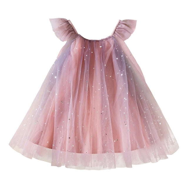 EnJoCho Robe de Fête d'Été pour Filles Tout-Petits Robe à Manches Volantes pour Enfants Robe en Maille à Pois et Sequins Dégradés Robe de Princesse