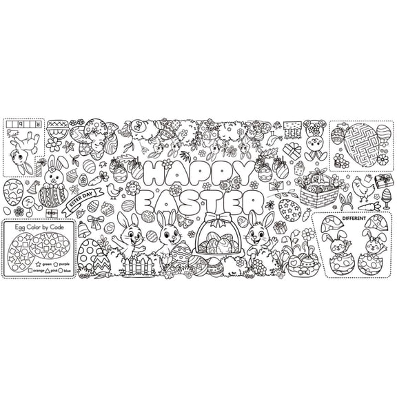 Easter Giant Coloring Poster – 30×72 Inch Large Coloring Tablecloth with Bunny, Egg, Carrot, Flower Designs – Includes Maze and Crossword Puzzles – Art Activity Paper Roll for Home, Classroom, Party