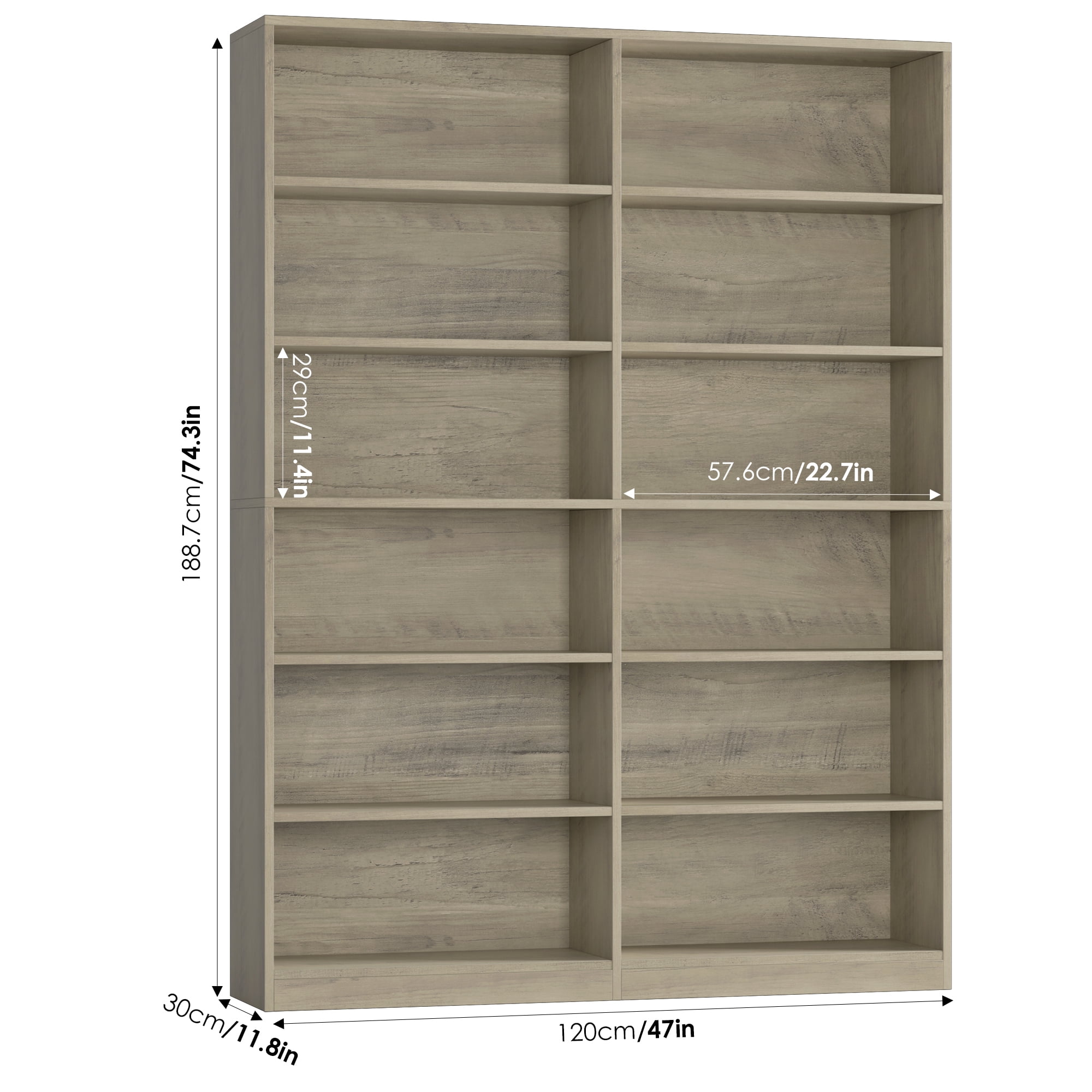Homfa 74.3” Double Wide 6-Tier Bookcase, Extra Large Wooden Freestanding Display Bookshelf for Home Office Living Room, Gray