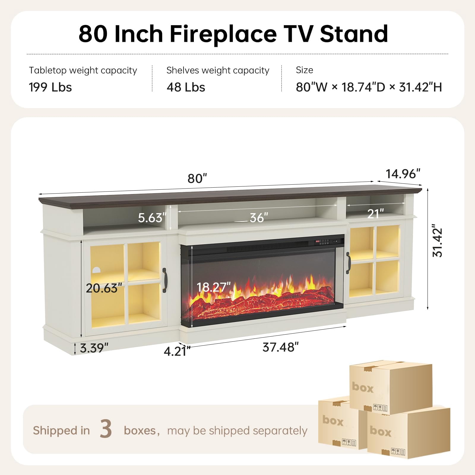 Sonegra 80" Fireplace TV Stand with Led Light, Entertainment Center for TVs up to 90", White