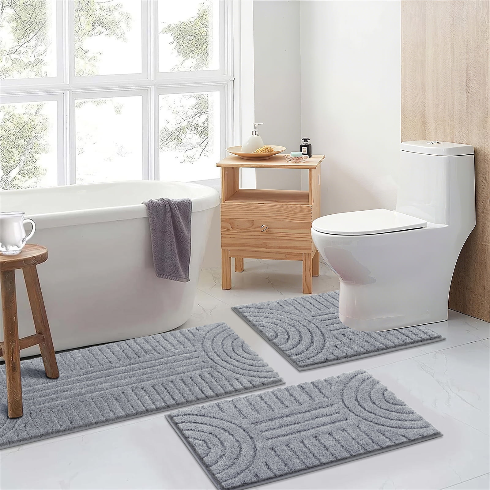 Bathroom Rugs Sets 3 Piece, Soft Absorbent Microfiber Bath Mats and U-Shaped Contour Toilet Rug, Plush Shaggy Bath Mat Set for Bathroom