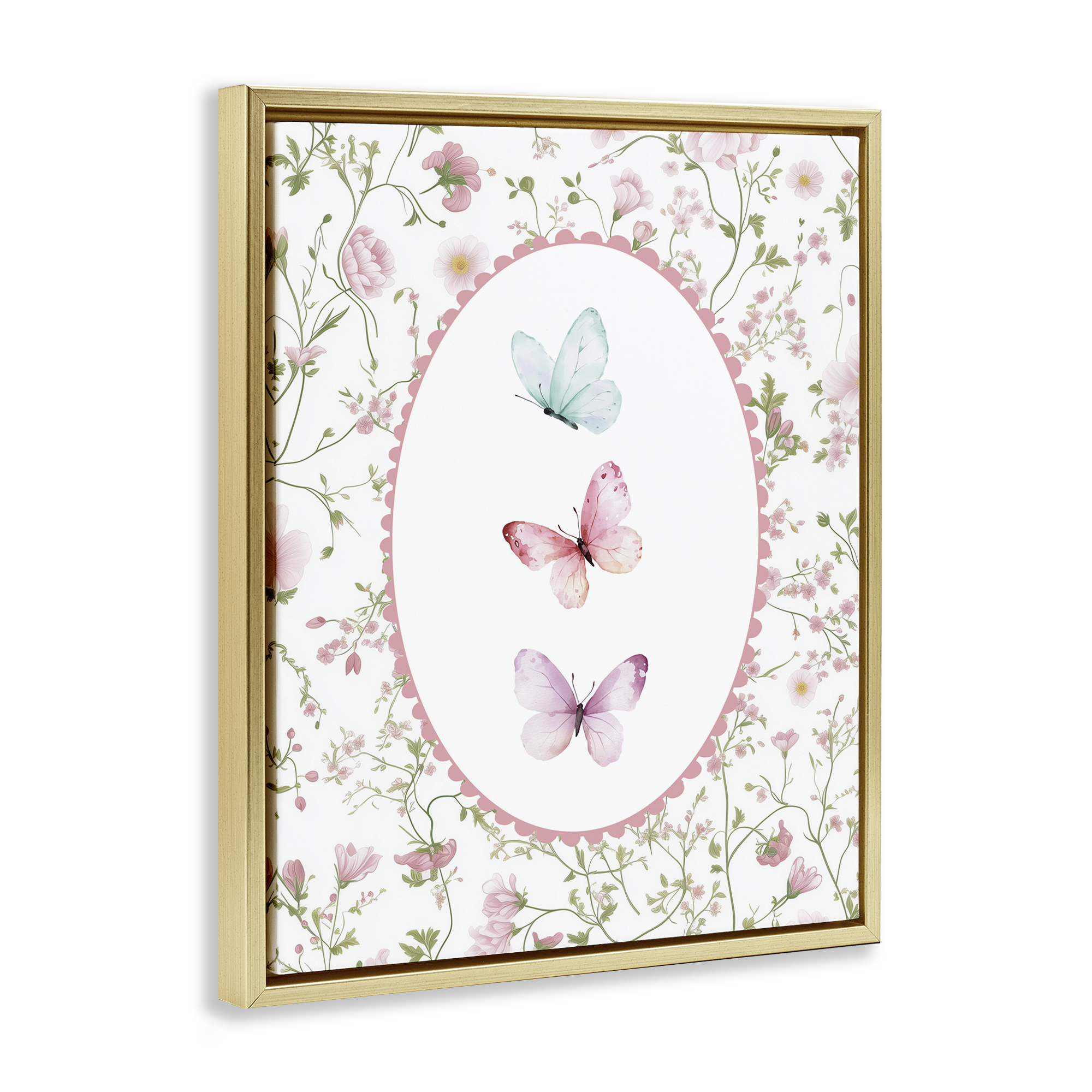 Delicate Florals & Butterfly Gold Framed Floater Canvas Wall Art, design by Christine Simpson Art