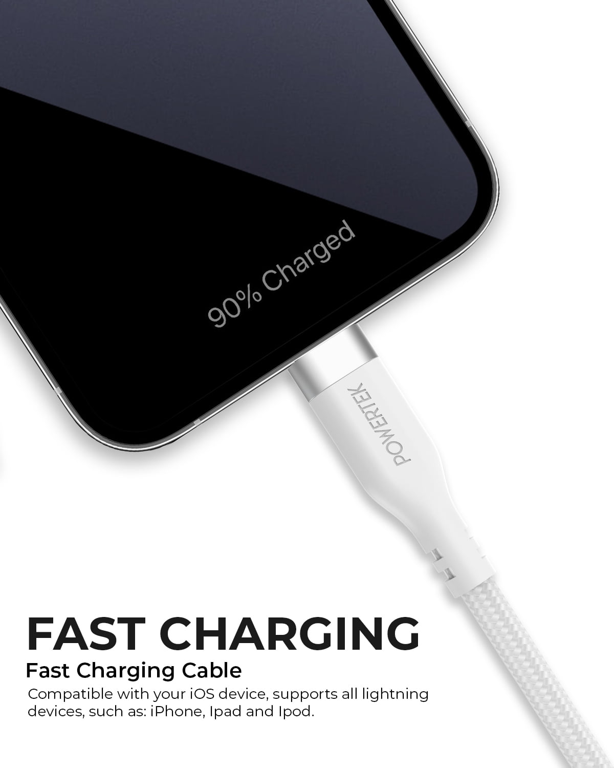 Liquipel Powertek iPad & iPhone Lightning Charger Cable, Fast Charging 6ft MFI, Premium White