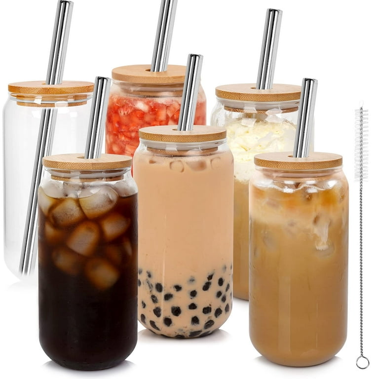 Beer Can Glass with Lids and Straw, Bamboo Cover Metal Straw, 20