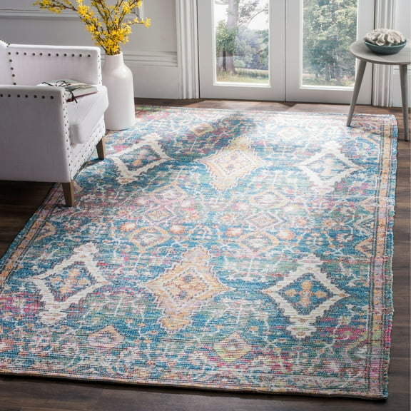 SAFAVIEH Saffron Justina Floral Cotton Area Rug, Turquoise/Peach, 6' x 9'
