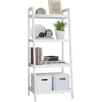 Bamboo Ladder Bookcase, Bathroom Storage Rack Organizer, 4 Tier and 5 Tier Freestanding Plant Display Stand Space Saver Shelves for Bedroom, Kitchen, Balcony (White, 4 Tiers (39" H))
