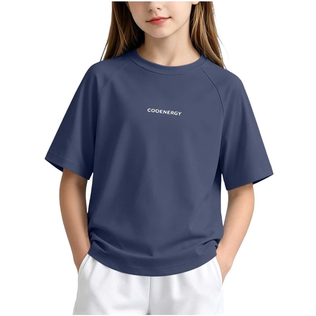 FRSASU Childrens T-Shirt Summer Round Neck Drop Shoulder Short Sleeve Tee Label Letter Casual Loose Basic Tee Navy