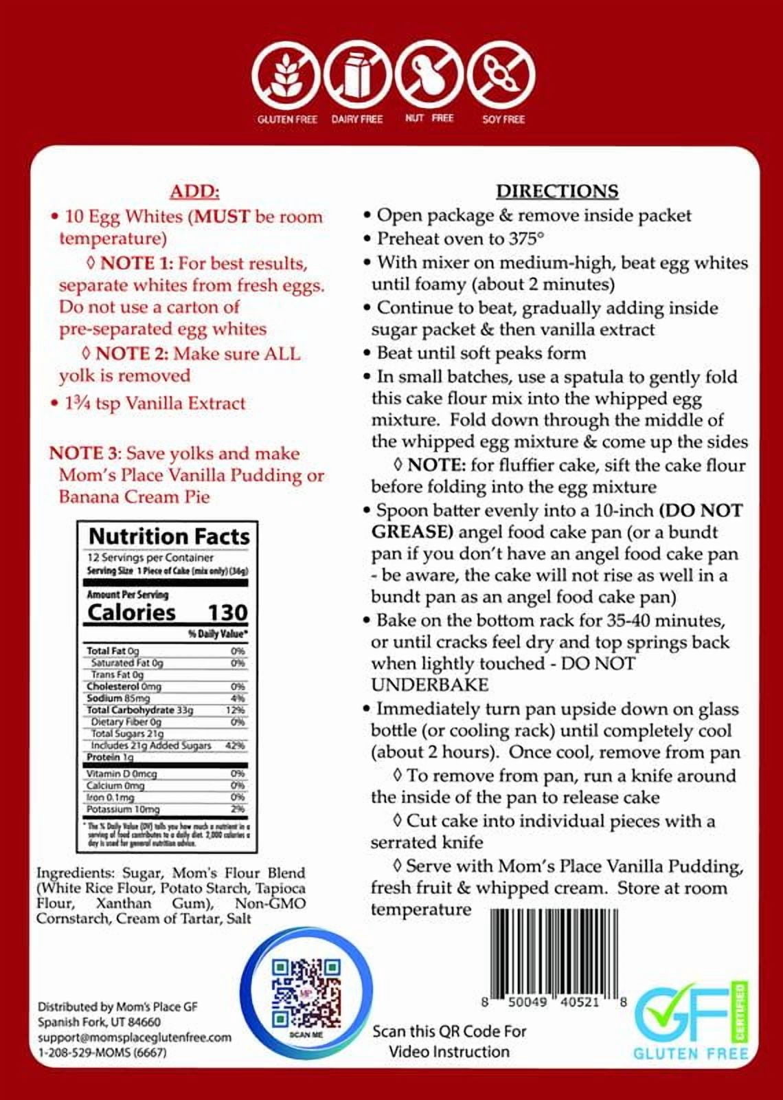 Mom's Place Gluten-Free Angel Food Cake Mix, Dessert Baking, Easy to Make, Nut Free, Dairy Free & Soy Free, 12 Servings, 15.3 oz