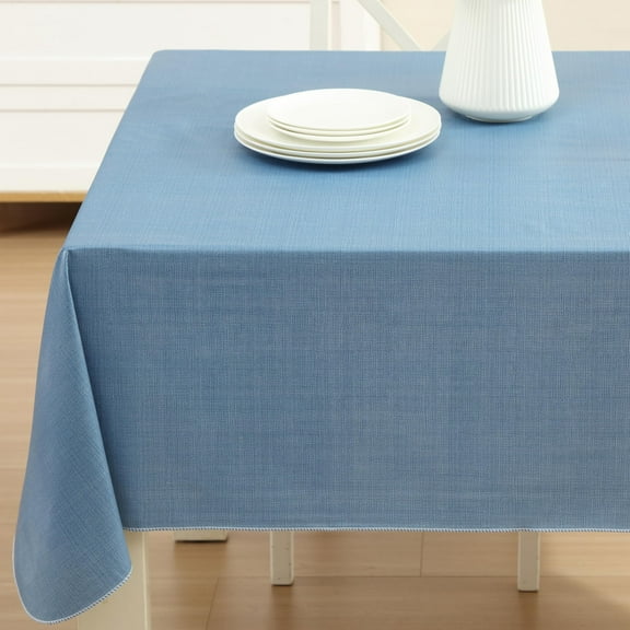 Home Bargains Plus Chambray Blue Café Hotel 52 x 52 inch Square Vinyl Dining Tablecloth with Flannel Backing