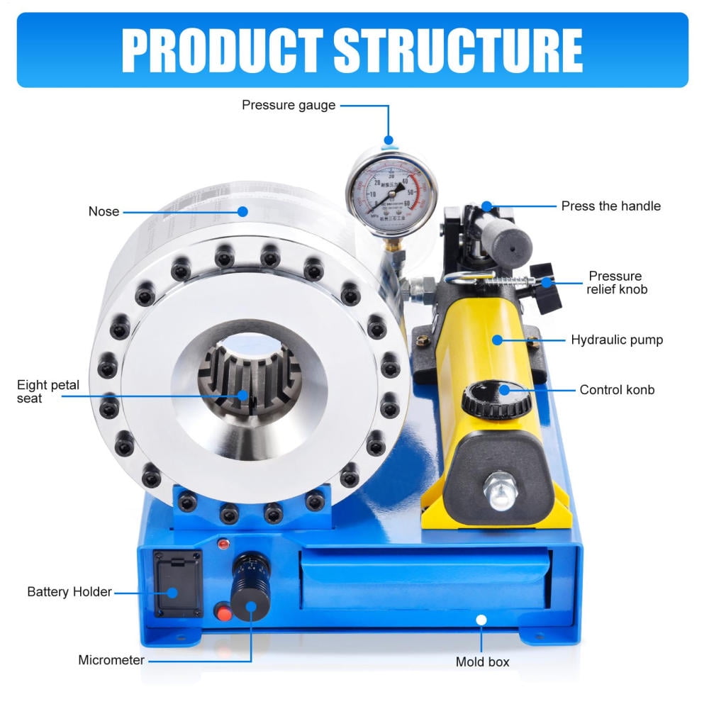 Industrial Hose Crimping Tool, Hydraulic Handheld Crimper with 8 Dies, 0.39"-1.22" Diameter Range for Various Applications