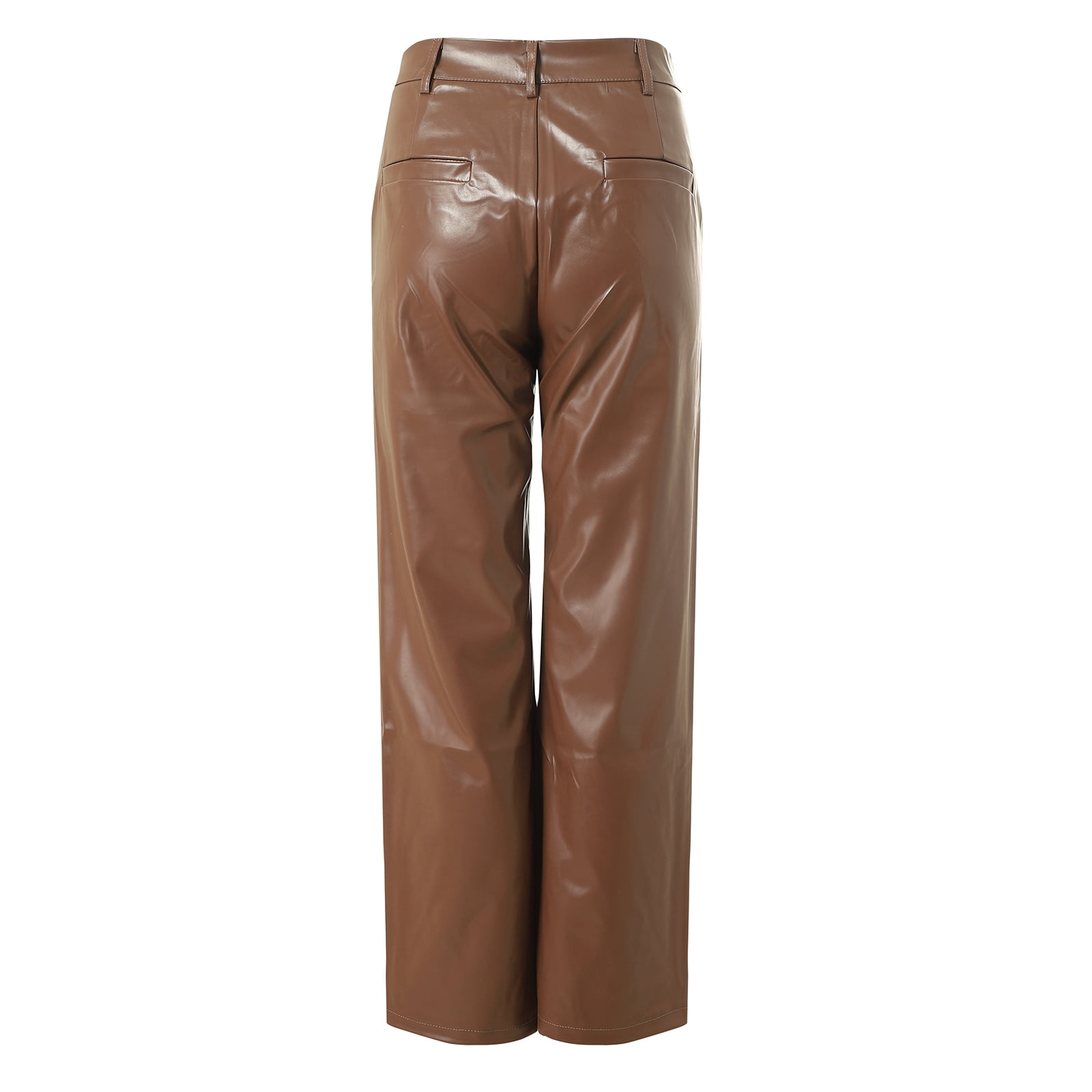vigerkar Women's Faux Leather Pants Button PU Jeans Straight Wide Leg Trousers with Pockets (Brown, XXL)