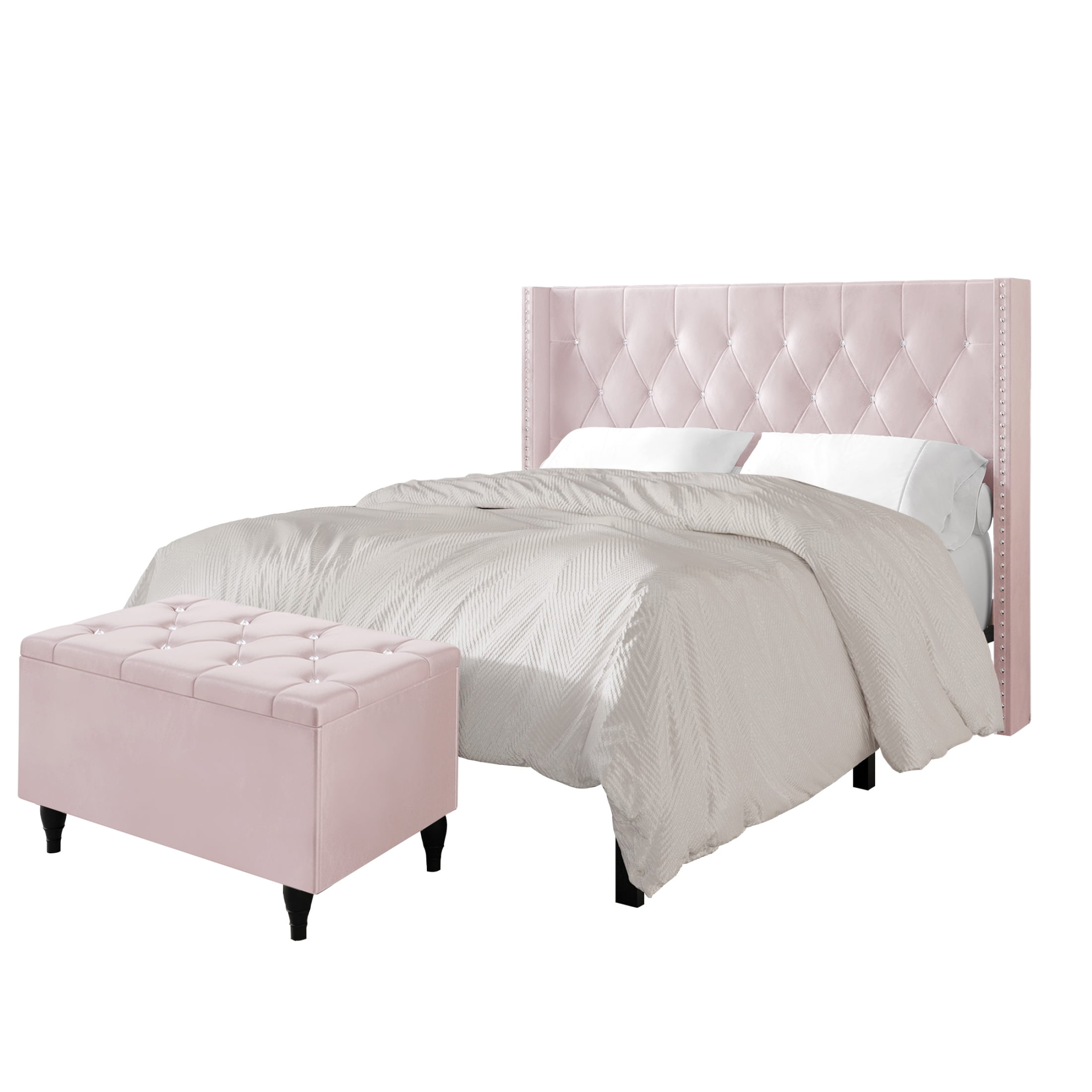 Castle Place Button Tufted Wingback Velvet Upholstered Bed with Storage Bench, Light Pink, Full