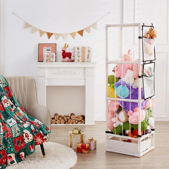 Stuffed Animal Storage Organizer Pre-Assemble PVC Toy Storage,Stuffy Plushies Storage with Elastic Band and Mesh Bottom and Bottom Storage Bin,Toy Storage Organizers for Playroom Bedroom Nursery