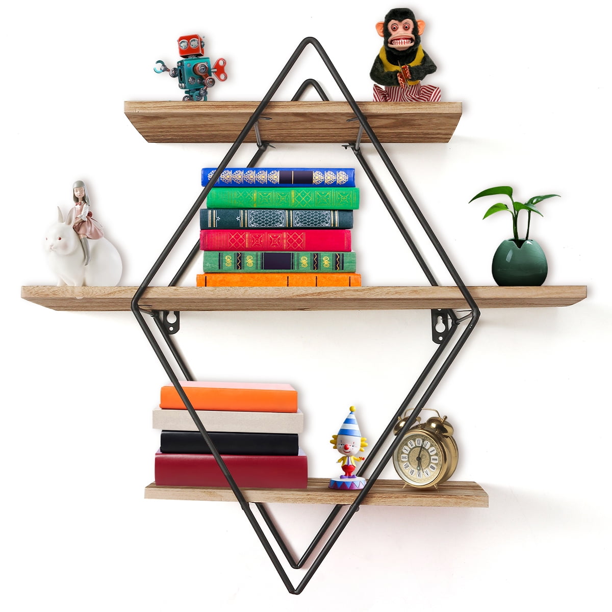Modern Retro Iron Rhombus Wood Wall Shelves Rack Storage Bookshelf