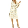 thumbnail image 2 of INSPIRE CHIC Women's Boho Floral V Neck Bishop Sleeve Below The Keen Wrap Dress XS White, 2 of 7