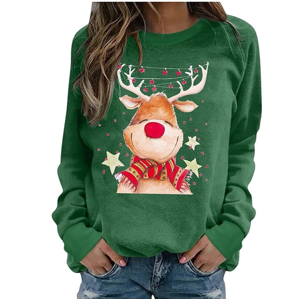 Sudadera de manga larga con estampado de Navidad con cuello redondo para mujer, blusa informal, Tops Pompotops gfhjh9698