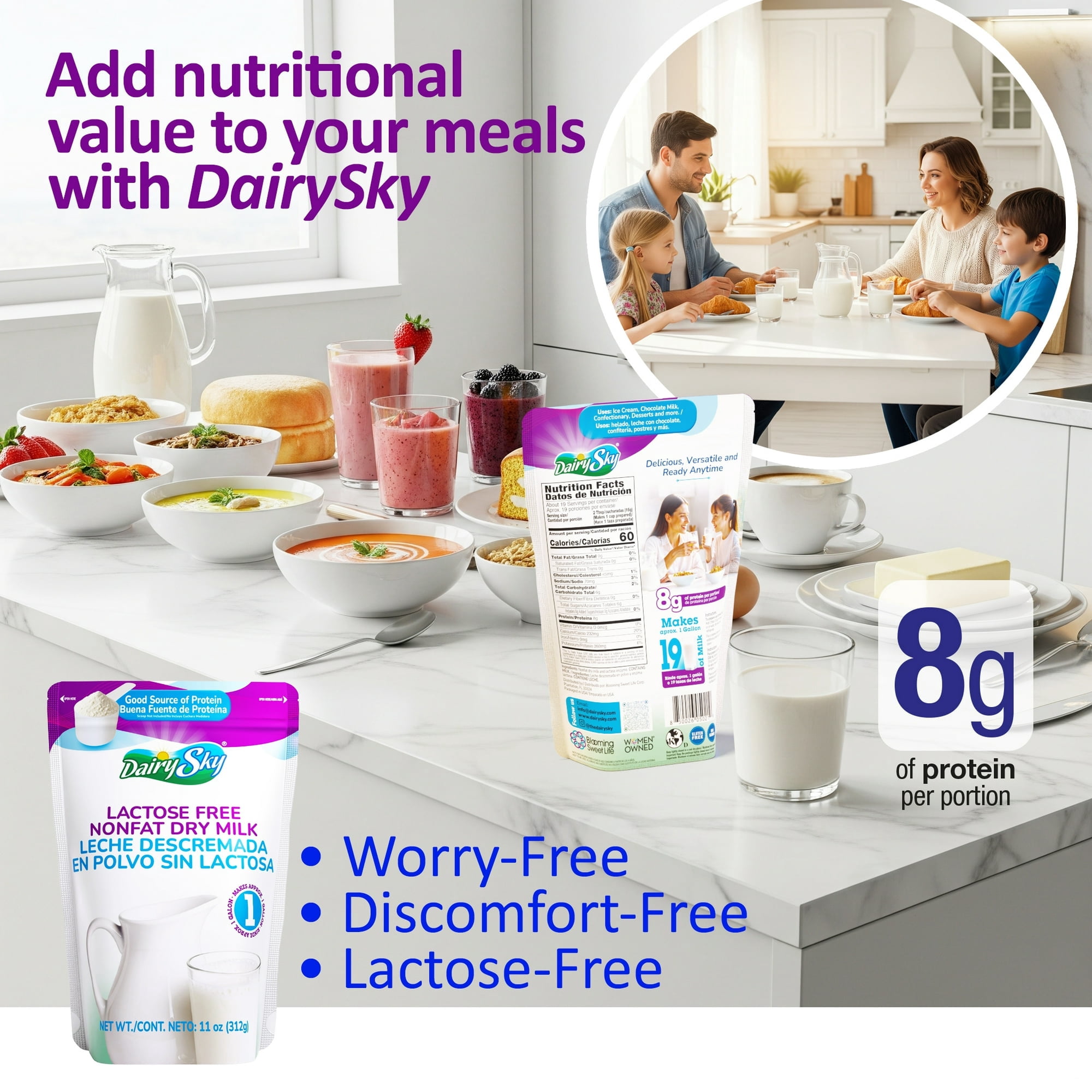DairySky Lactose Free Plain Nonfat Dry Milk Powder, 11 oz Pouch, Shelf-Stable, 8g Protein per Serving, No Added Sugar, 12-Pack