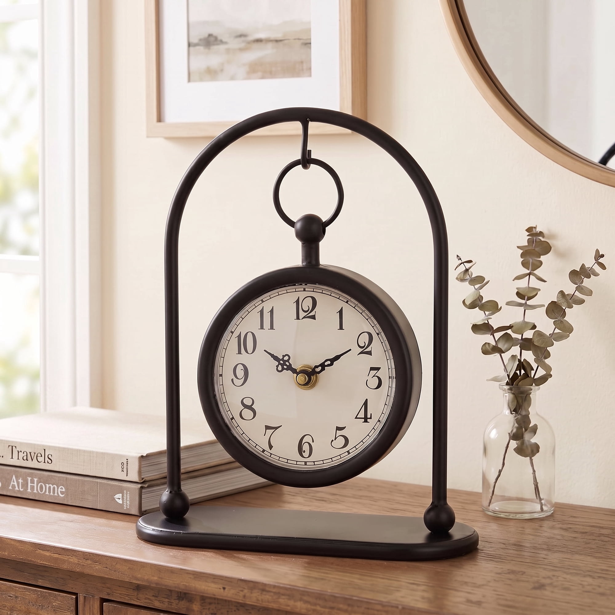 MODE HOME Vintage Metal Table Clock - Small Black Farmhouse Desk & Shelf Clock, Silent Non-Ticking Battery Operated, Decorative Clocks for Living Room, Kitchen & Bedroom