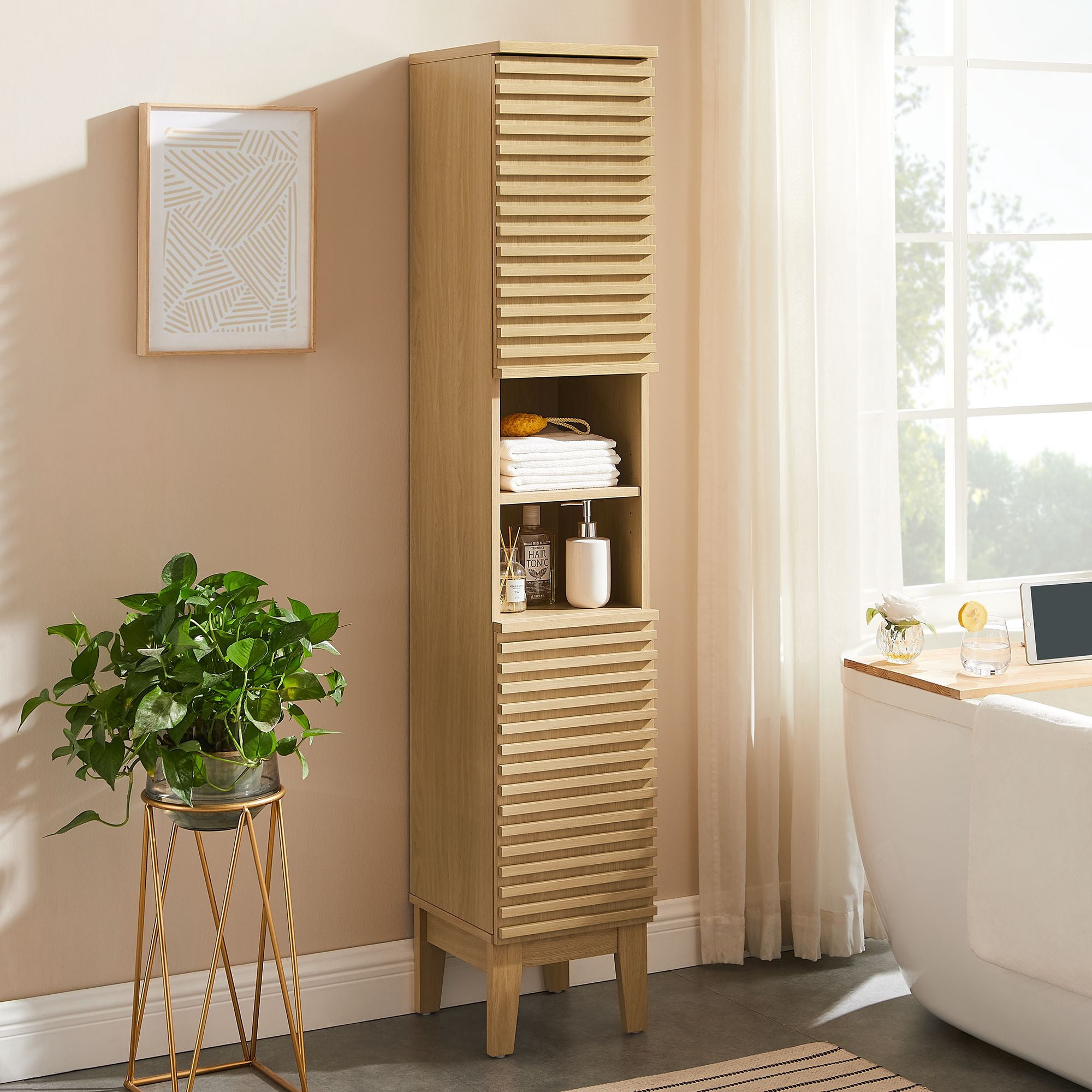 Modway Render Tall Narrow Bathroom Storage Cabinet in Oak