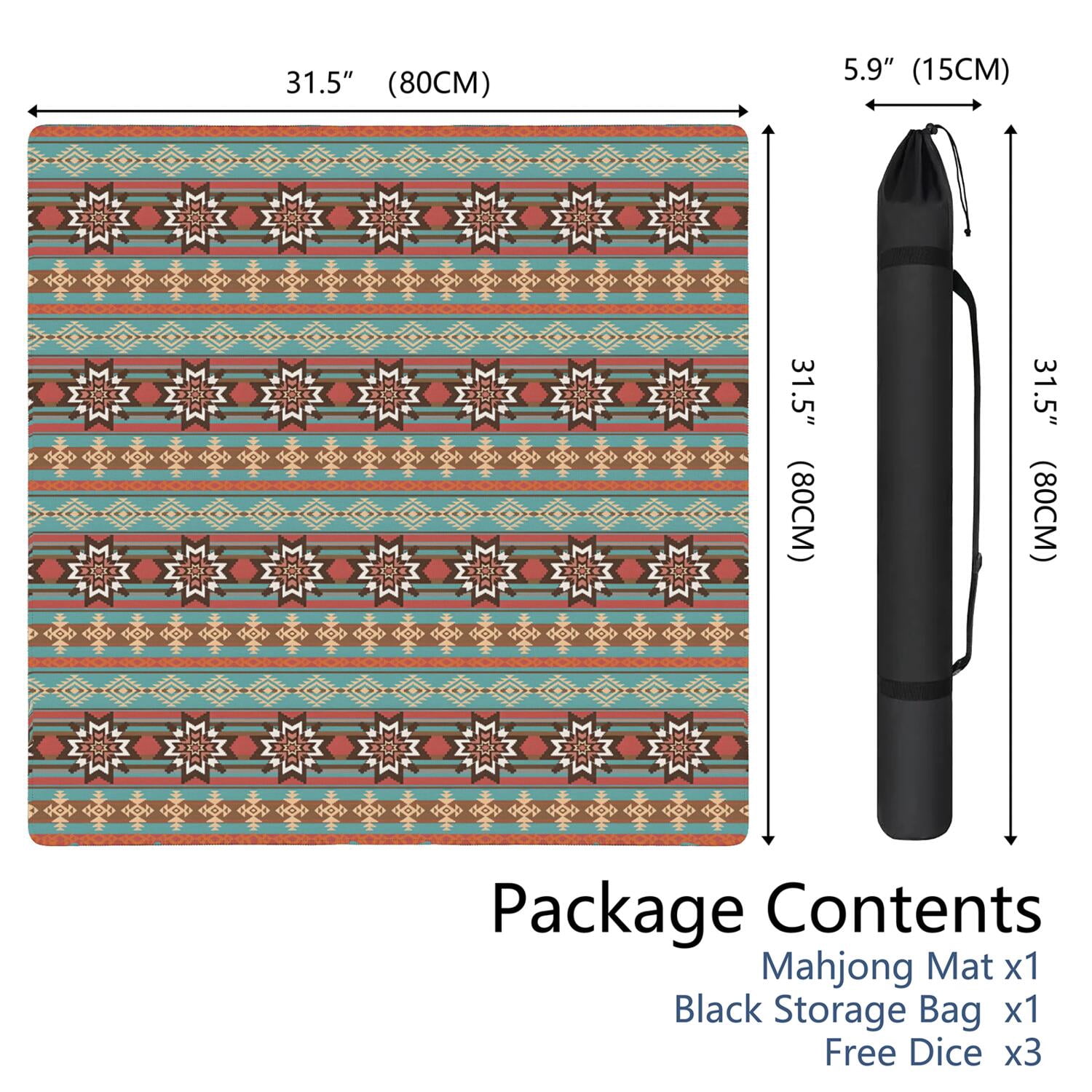 Traditional Boho Pattern Anti-Skid Rubber Table Topper 31.5x31.5 Inch Mahjong Playing Mat with Quiet Surface for Card Games Board Games and Game Nights