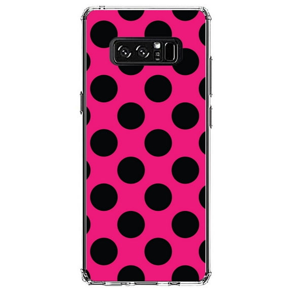 DistinctInk Clear Shockproof Hybrid Case for Samsung Galaxy Note 8 - TPU Bumper, Acrylic Back, Tempered Glass Screen Protector - Black & Hot Pink Polka Dots