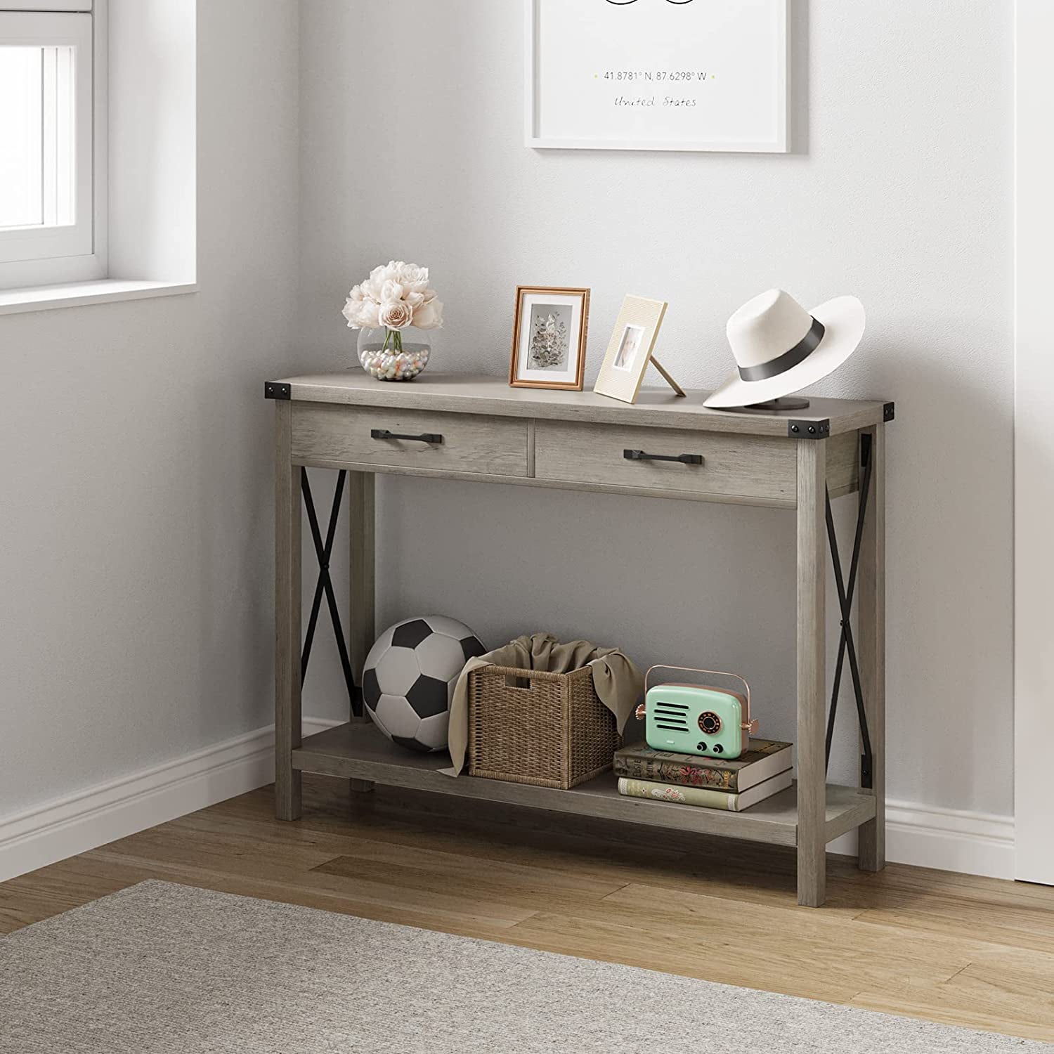 2 Tier Wooden Console Table with Storage Drawers,  Console Table for Entryway, Living Room, Hallway